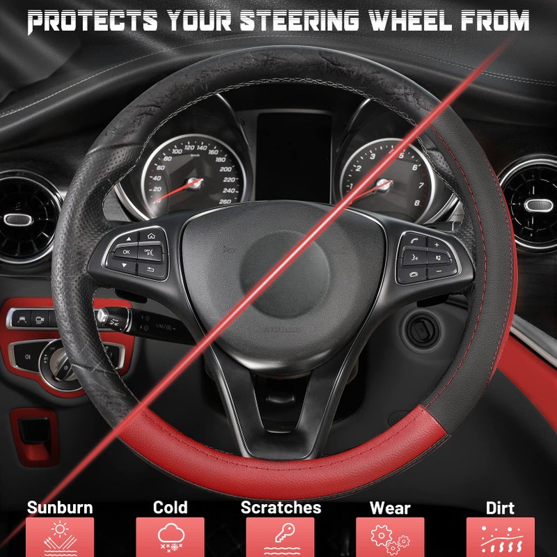 SEG Direct Car Steering Wheel Cover Universal Standard Size 14.5-15 inch, Black and Red Microfiber Leather - Image 4
